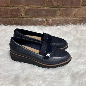 Clarks Womens Navy Sharon Gracie Wedge Slip On Loafer Size 7.5